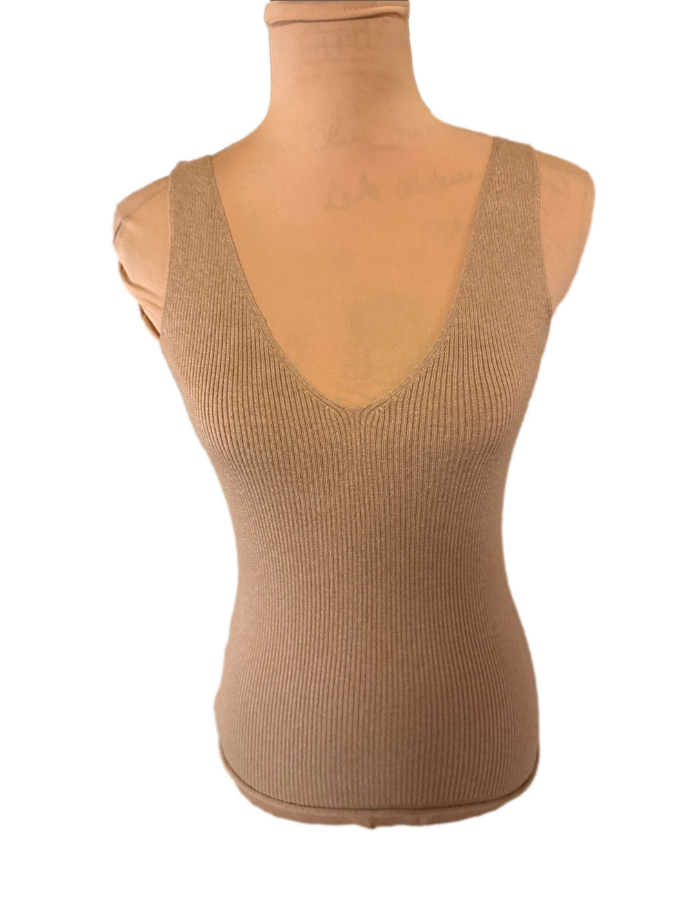 Sleeveless Ribbed V-Neck Tank Top - Tan